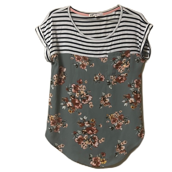 Jolt Tops - Jolt, Rolled Sleeves, Floral Print,Striped Print Top, Multi Colors, Size XS